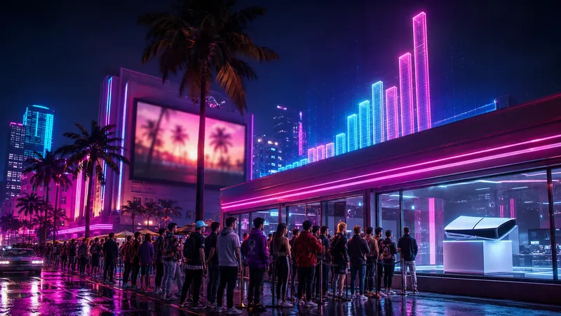 Illustrated queue outside a games shop, with neon bars rising above the roof.