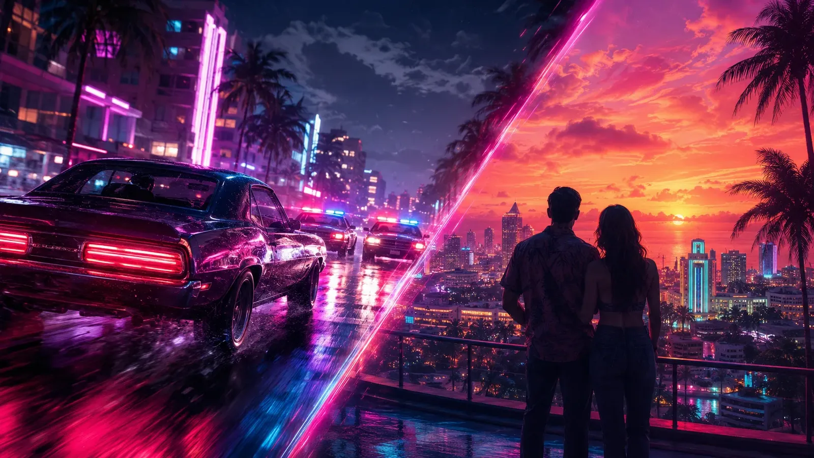 Split illustration of a police chase at night and a couple overlooking a city at sunset.