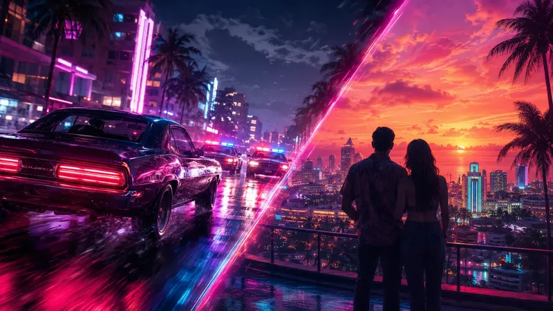 Split illustration of a police chase at night and a couple overlooking a city at sunset.