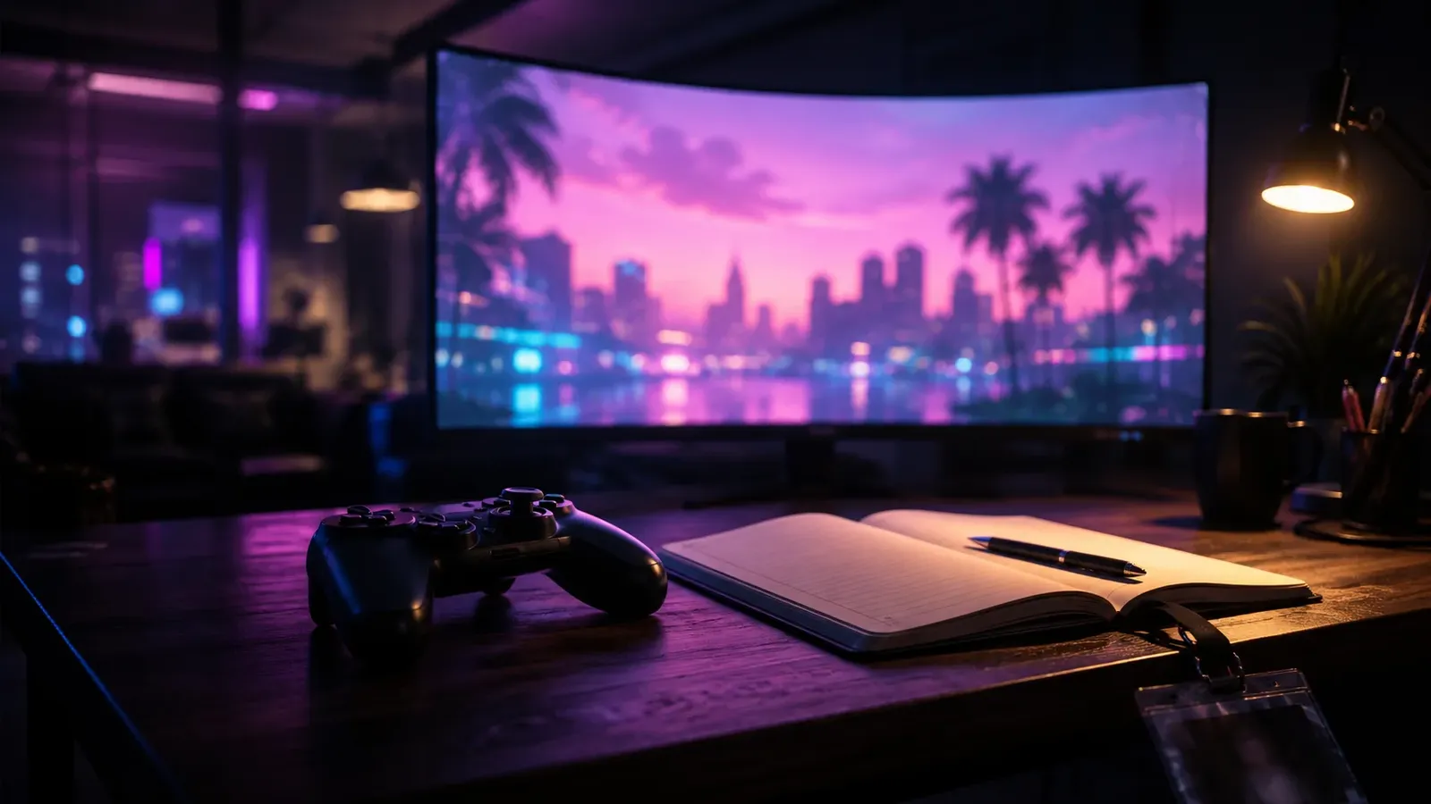 Illustrated desk with a controller, notebook and monitor showing a tropical skyline.