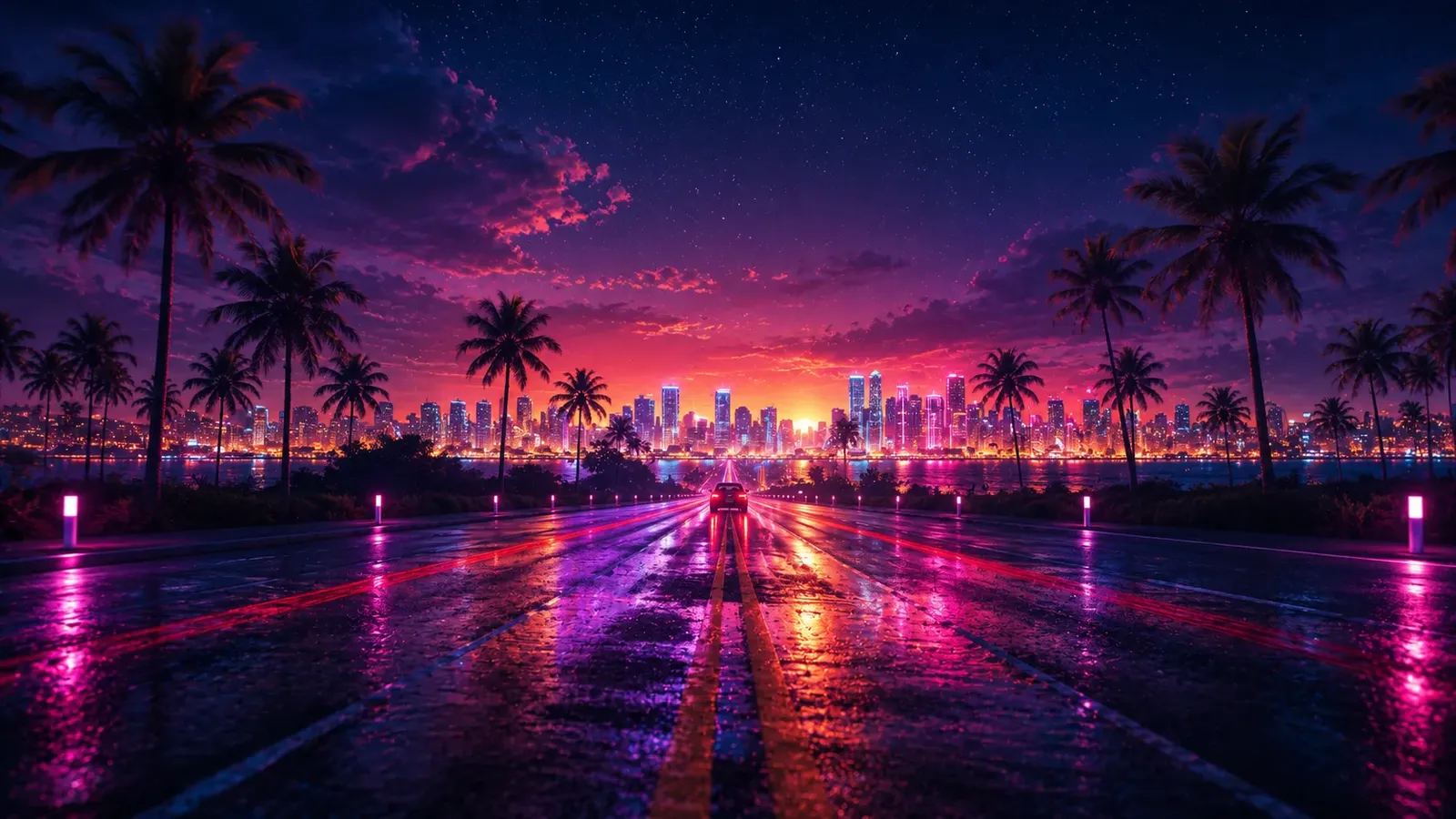 Illustrated palm-lined road leading toward a city skyline at sunset.