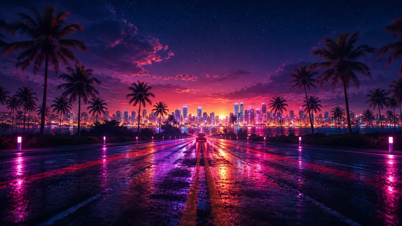 Illustrated palm-lined road leading toward a city skyline at sunset.
