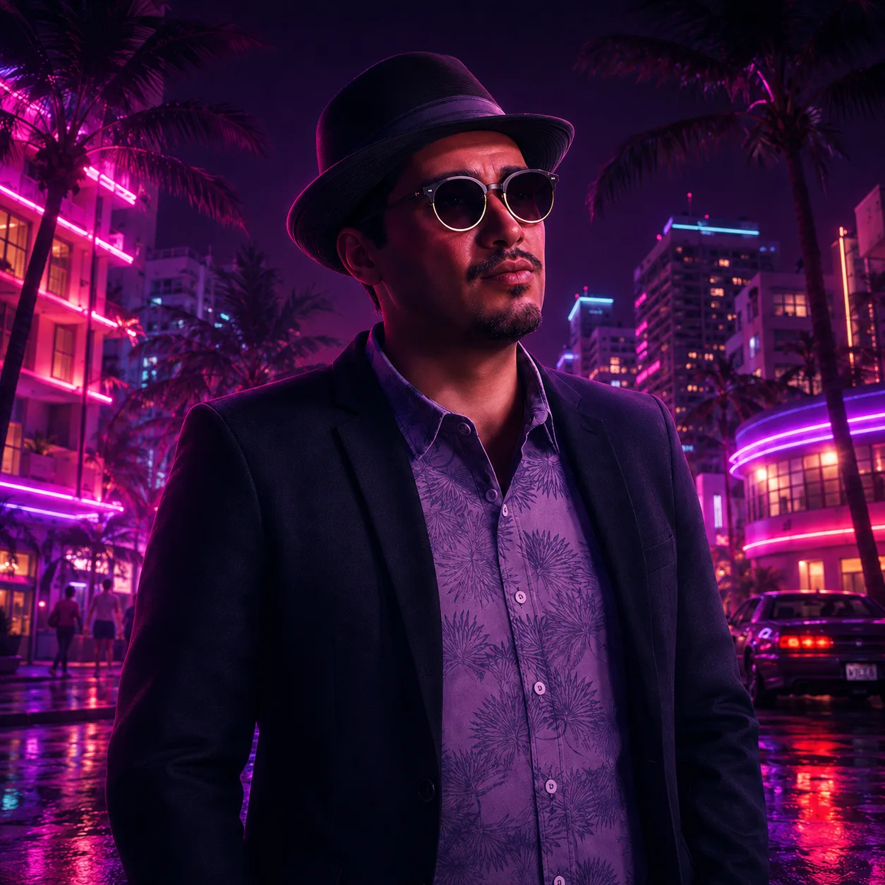 Illustrated portrait of Andres de Leon beneath city lights and palm trees.
