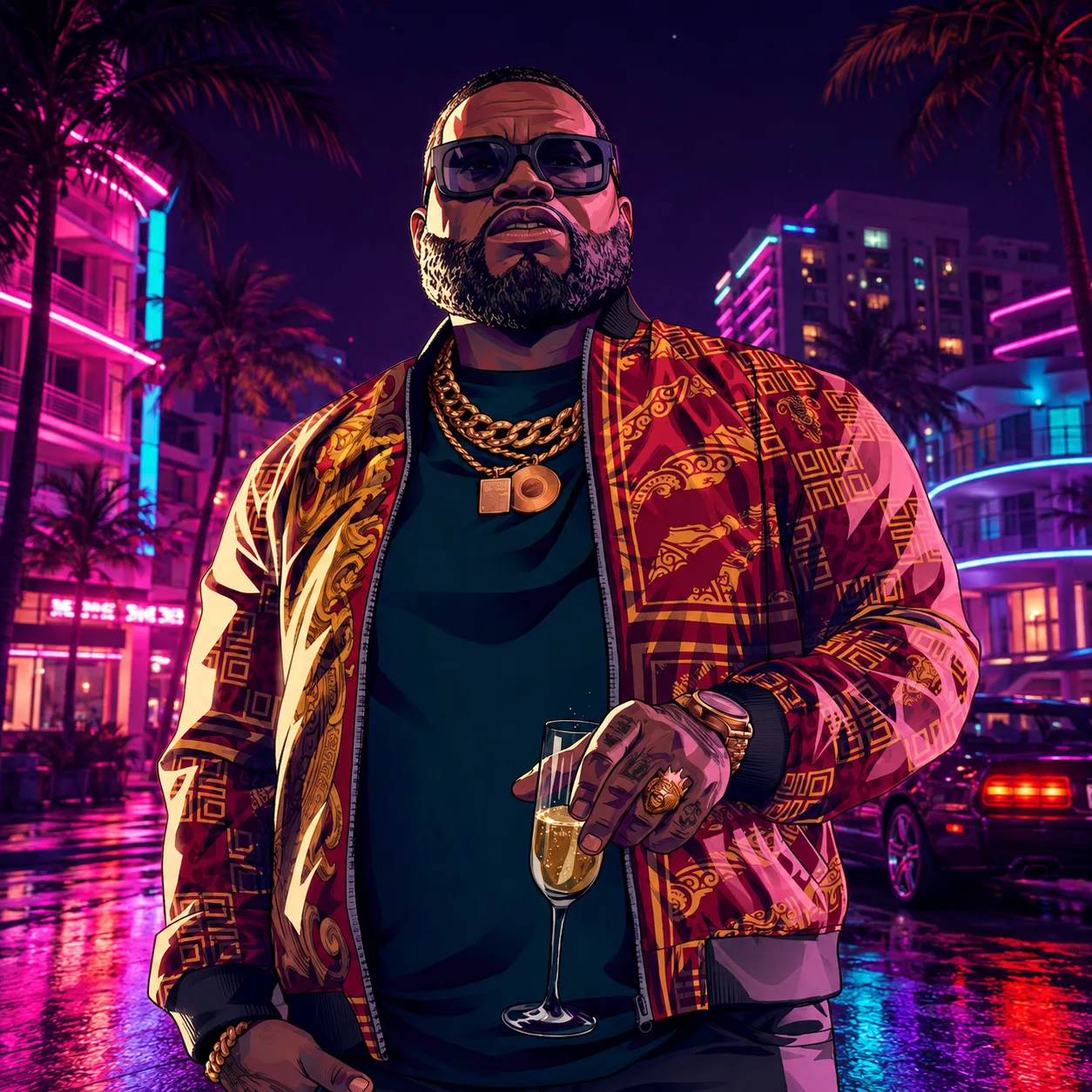 Illustrated portrait of Boobie Ike wearing sunglasses and a red jacket, holding a champagne glass.