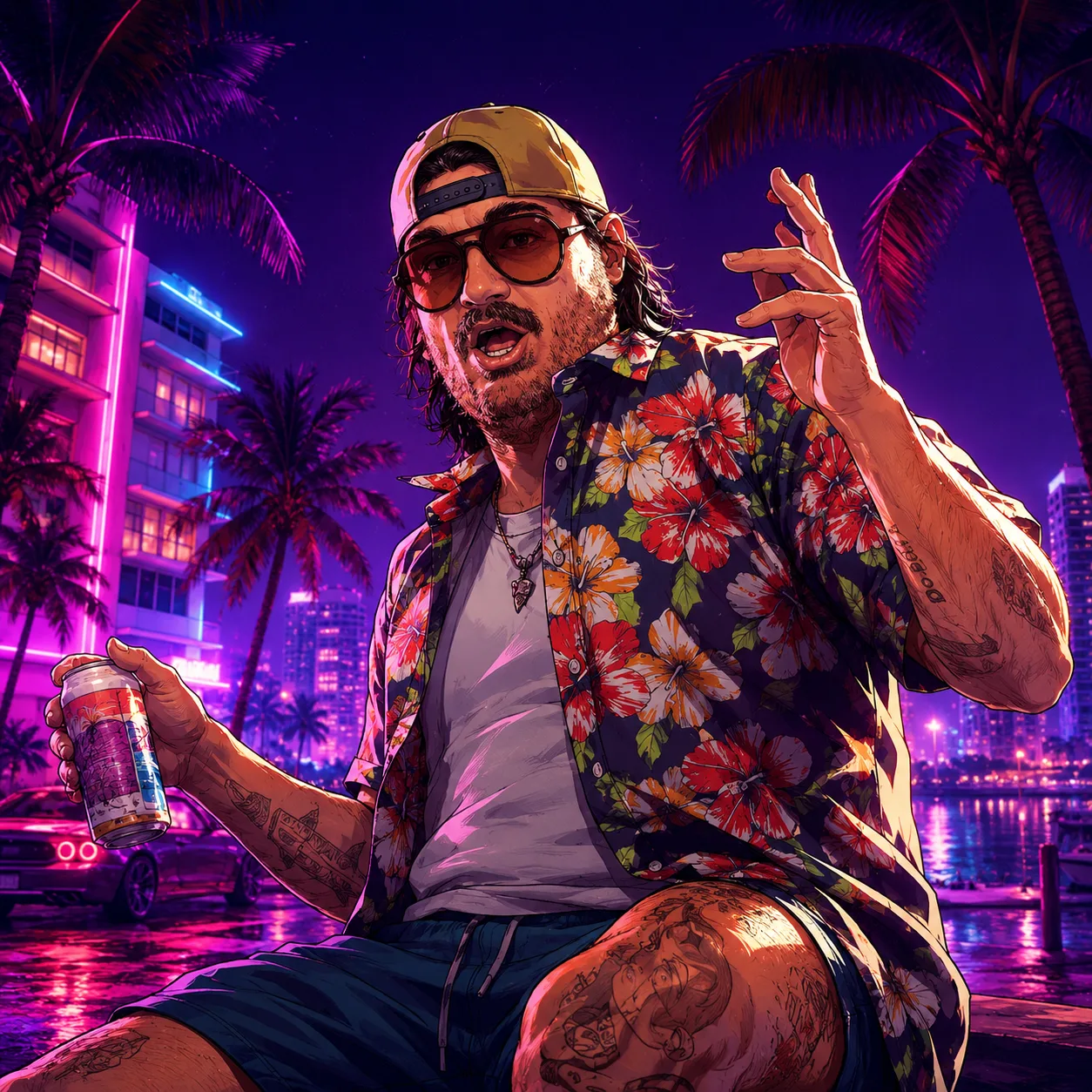 Illustrated Cal Hampton in a backward cap and floral shirt, holding a drink.