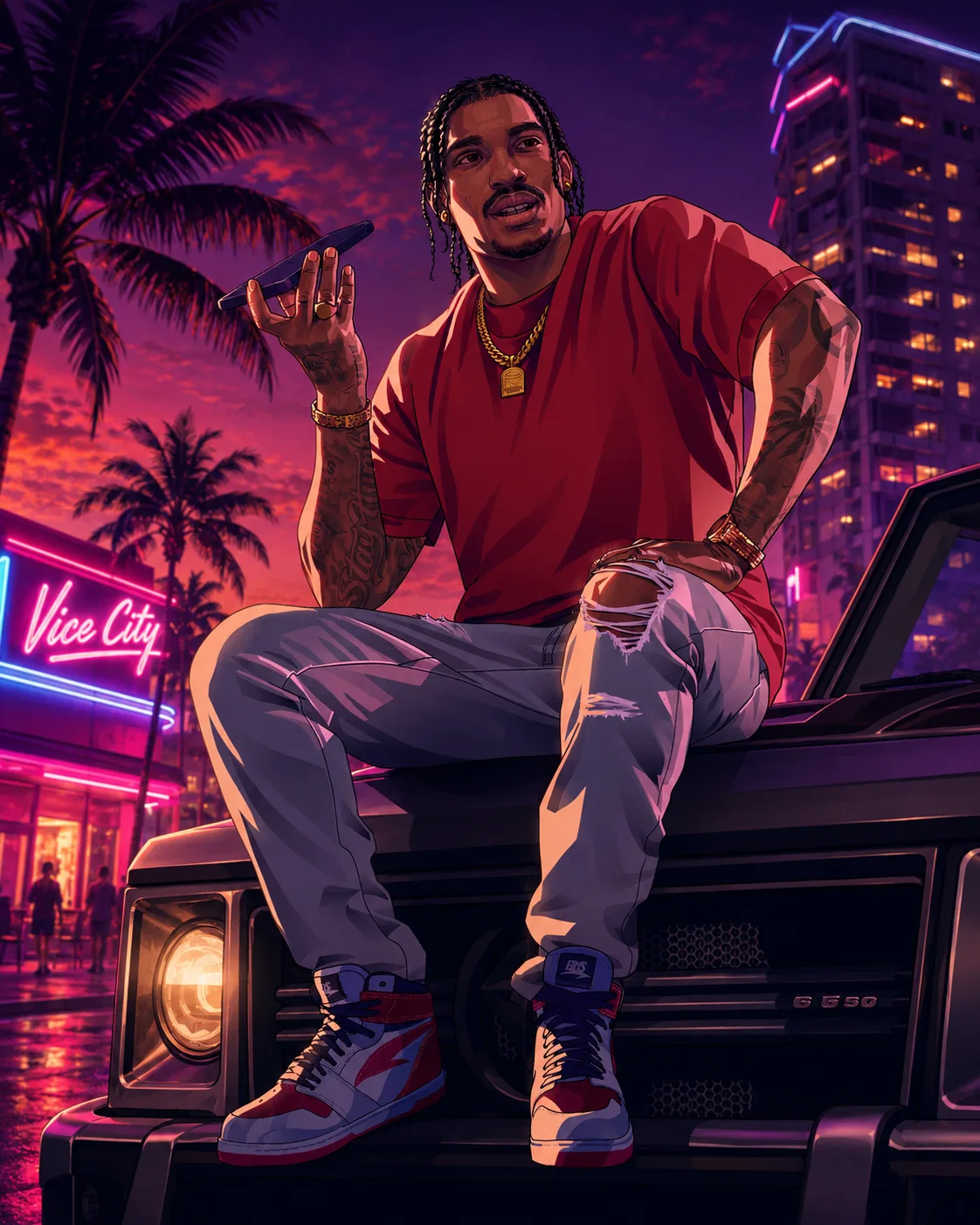 Illustrated Dre'Quan Priest sitting on an SUV, wearing a red shirt and holding a phone.