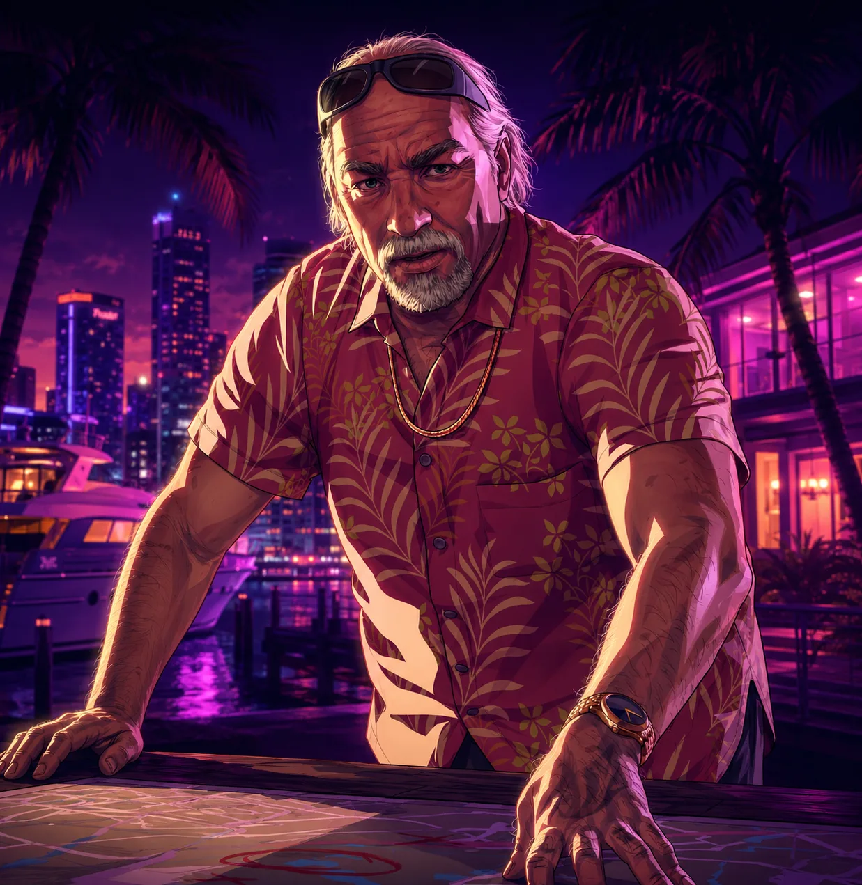 Illustrated older man in sunglasses and a red shirt leaning over a map at a marina.