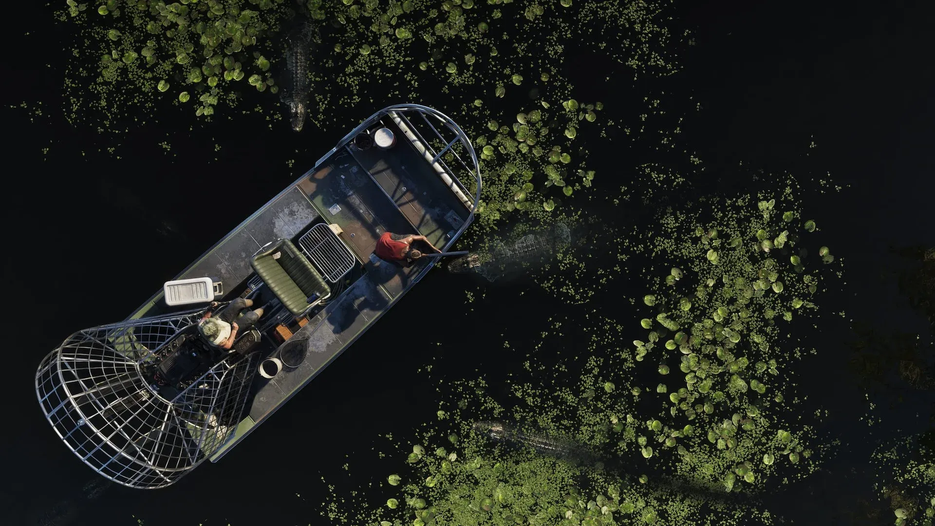 Overhead view of an airboat with a caged rear propeller among alligators in the Grassrivers.