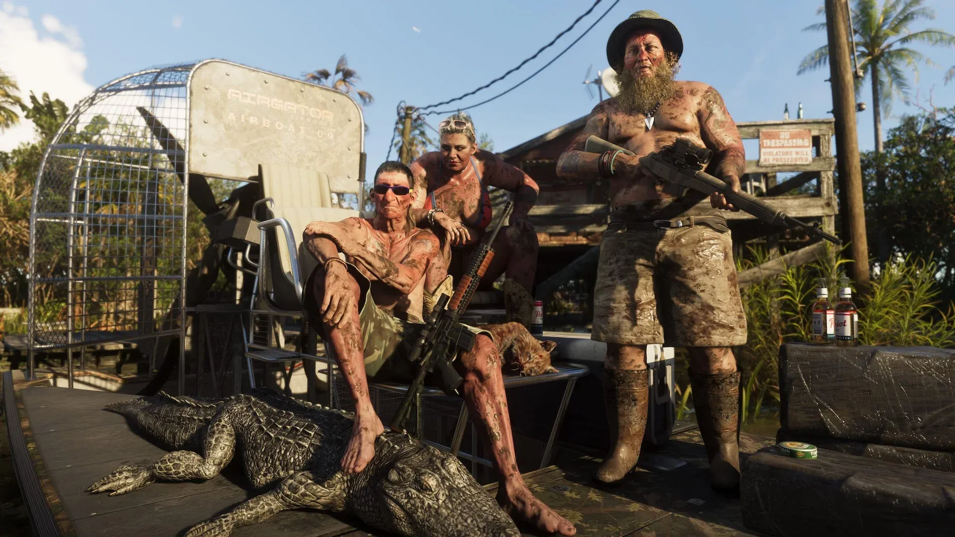 An airboat fan cage and raised seat are visible behind three hunters in Grassrivers.