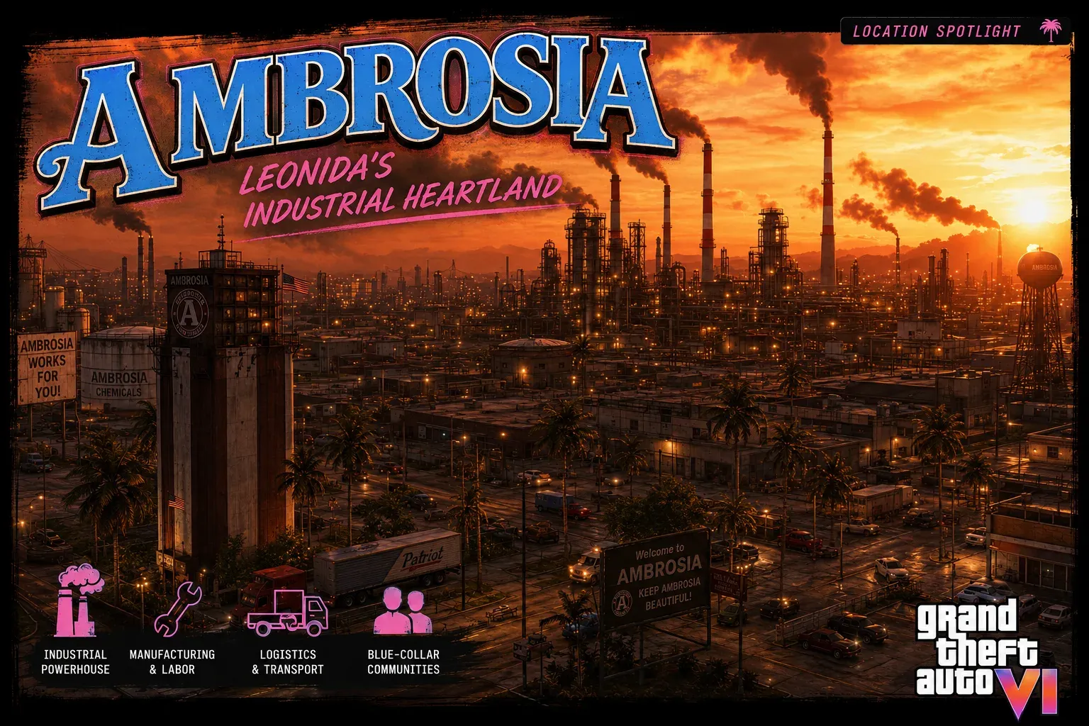 Illustrated industrial town with factories, smokestacks and palm-lined streets at sunset.