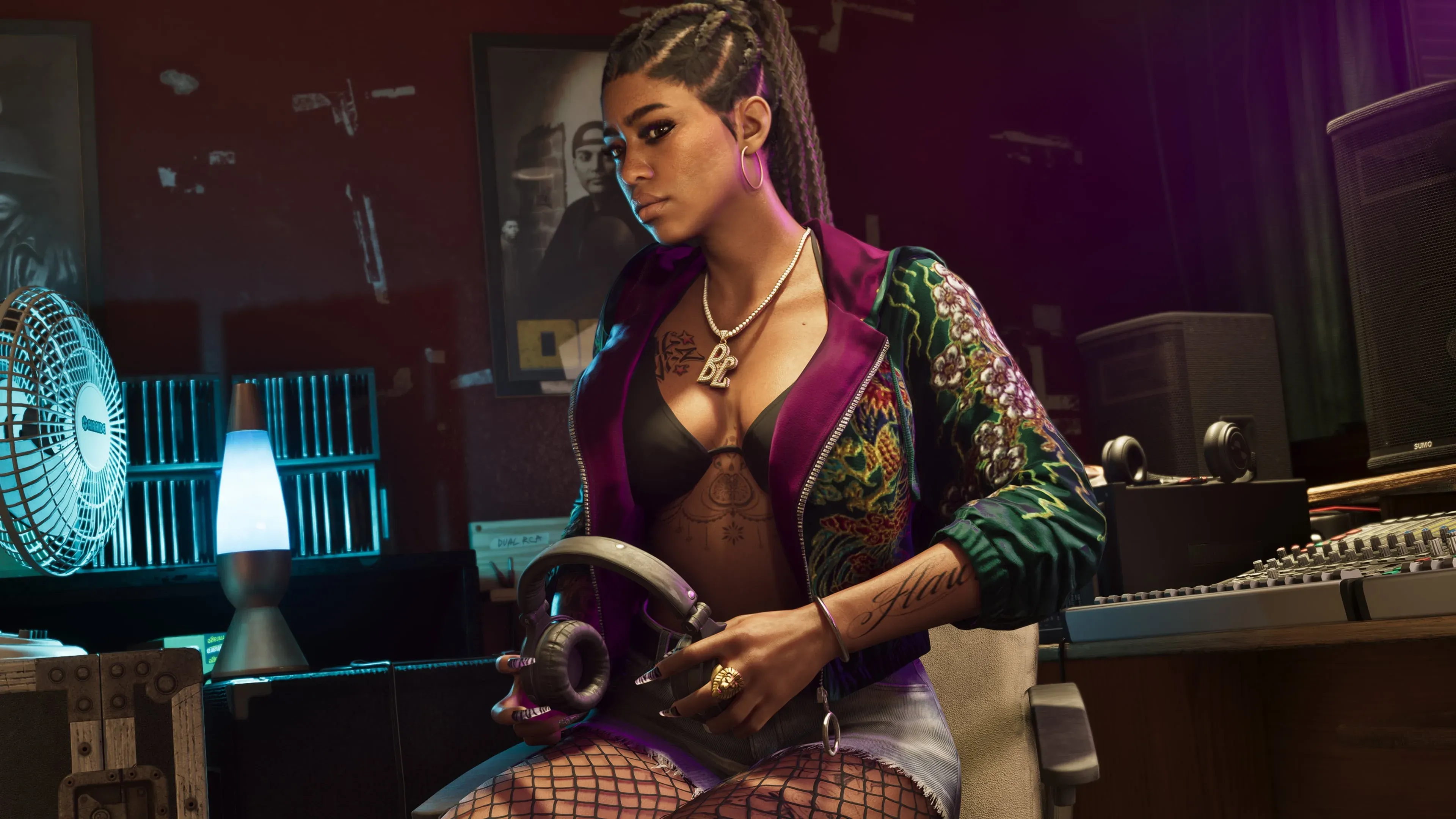 Bae-Luxe holding headphones in a recording studio in GTA 6.