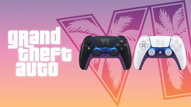 Official black and white GTA VI DualSense controllers against a pink and orange GTA VI logo background.