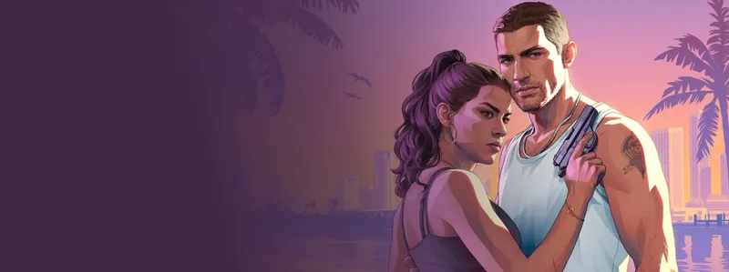 Official GTA VI artwork of Lucia and Jason together against a pink and purple Vice City skyline.