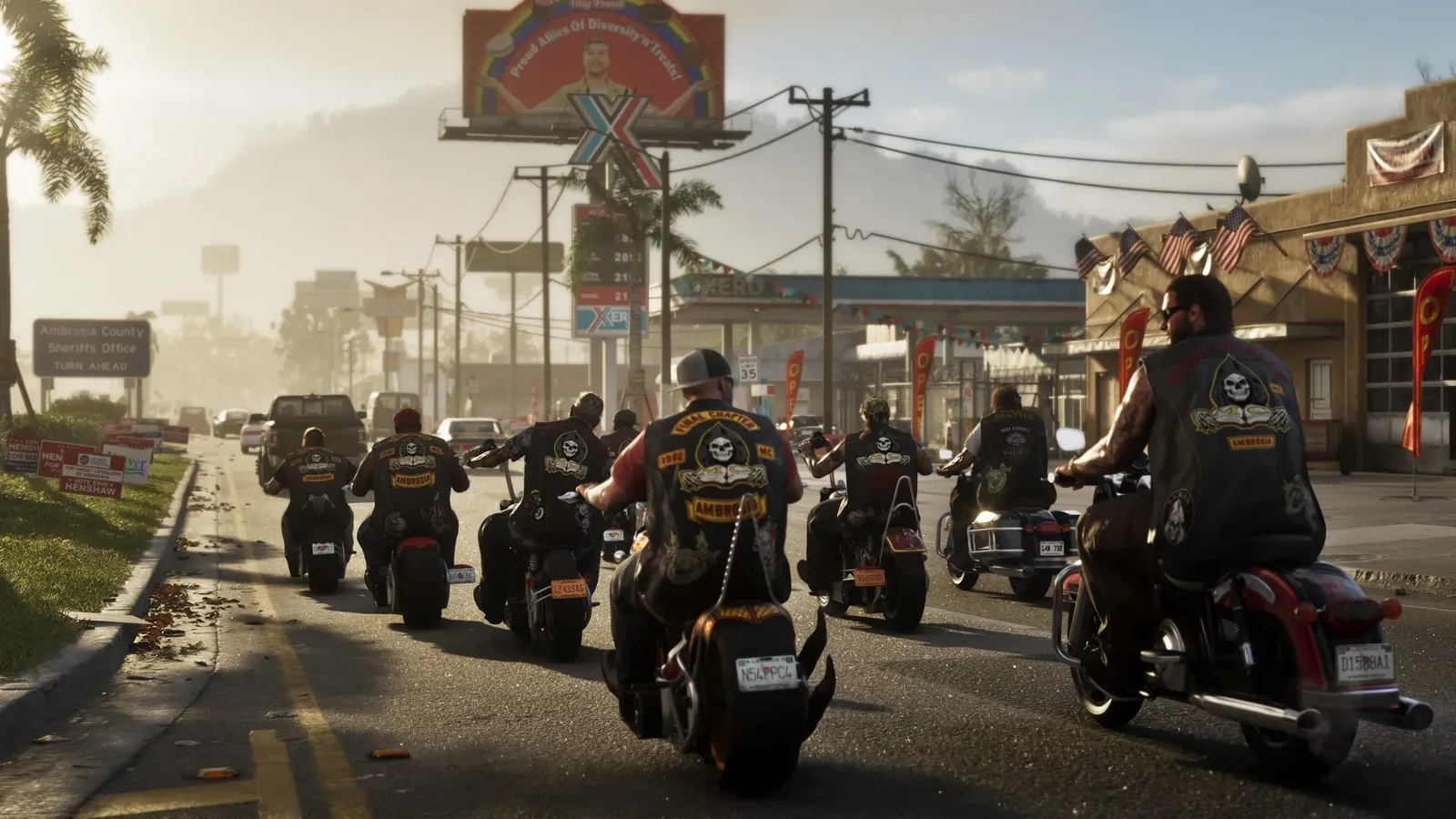 Erin Henshaw campaign signs at the left roadside in Rockstar's Ambrosia screenshot.