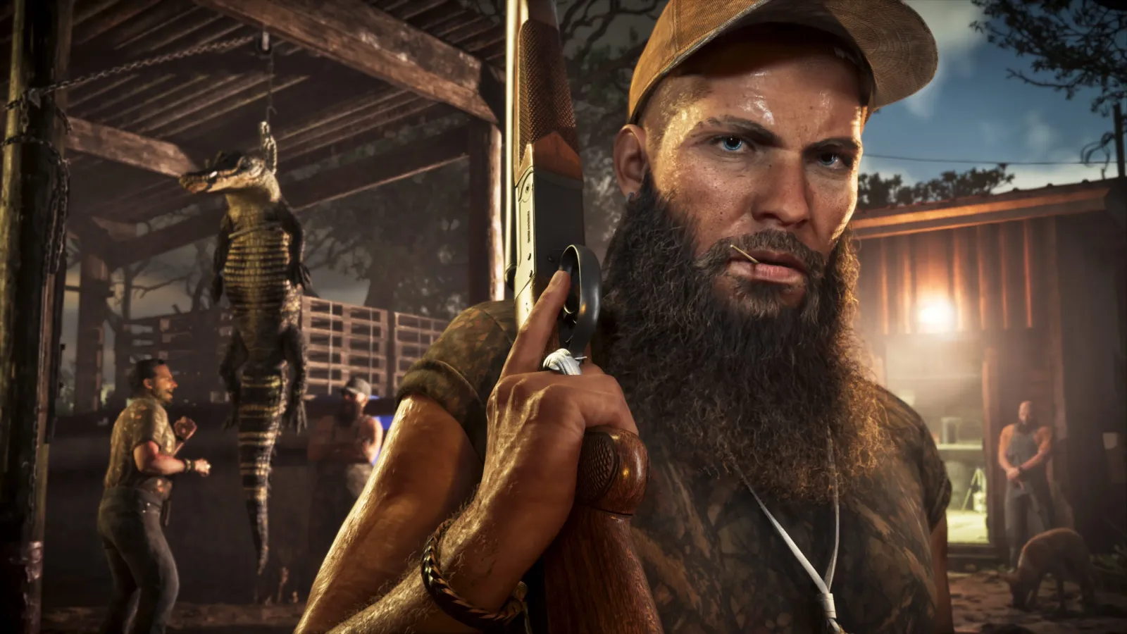 A bearded hunter carries a shotgun with an alligator hanging behind him in Grassrivers in GTA 6.
