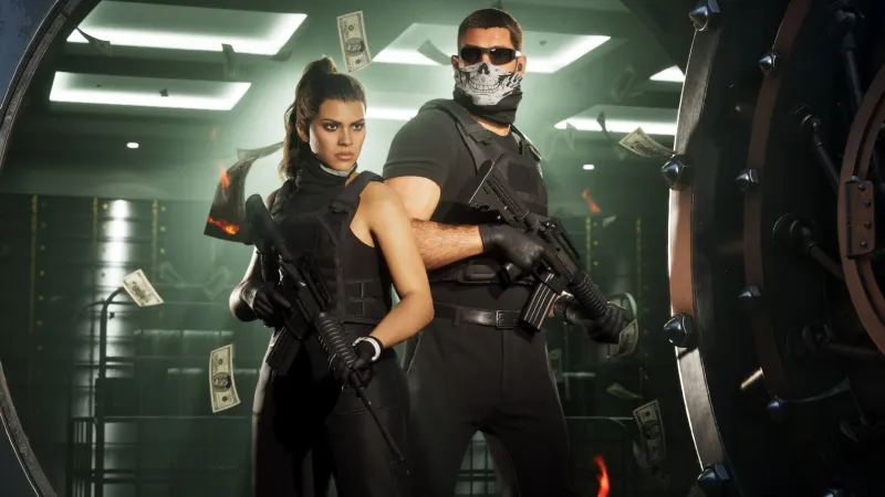 Masked versions of Lucia and Jason hold rifles inside an open bank vault in an official GTA 6 screenshot.