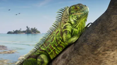 A bright green iguana rests on a tree beside the turquoise water of the Leonida Keys in GTA 6.