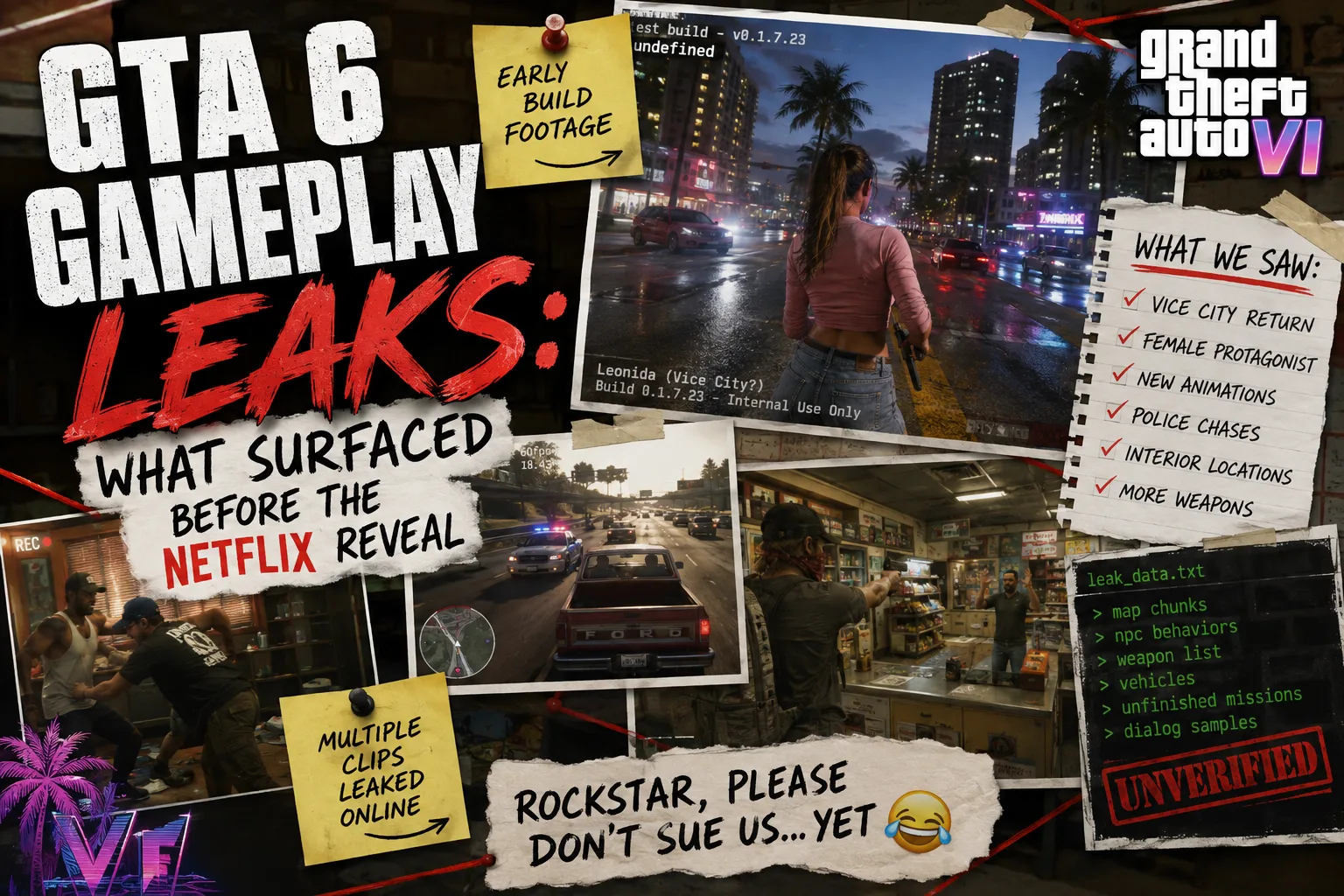 Illustrated cover for GTA6State's report on unverified GTA 6 gameplay leaks.