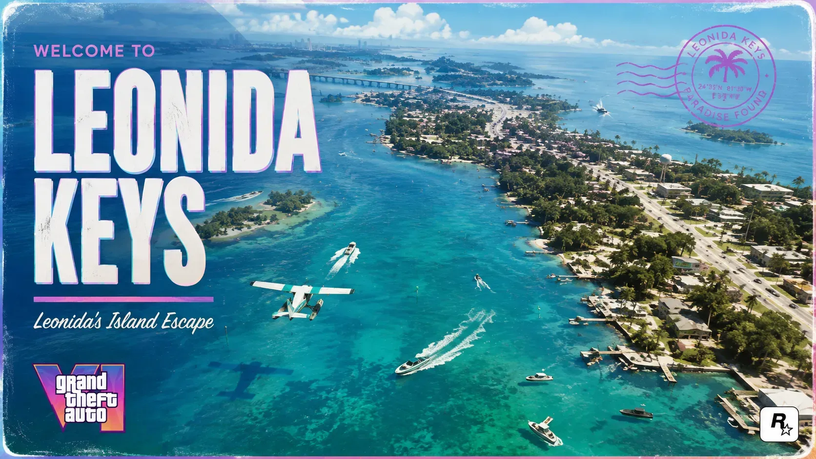 Illustrated tropical islands connected by bridges, with boats on turquoise water.