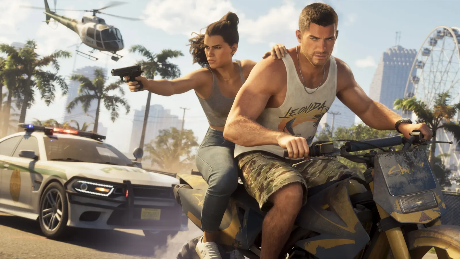 Jason and Lucia on a yellow Maibatsu motorcycle, with a police car and helicopter behind them in GTA 6.