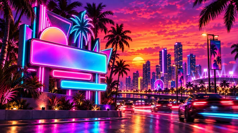 Neon Vice City style welcome sign concept over a Miami inspired skyline