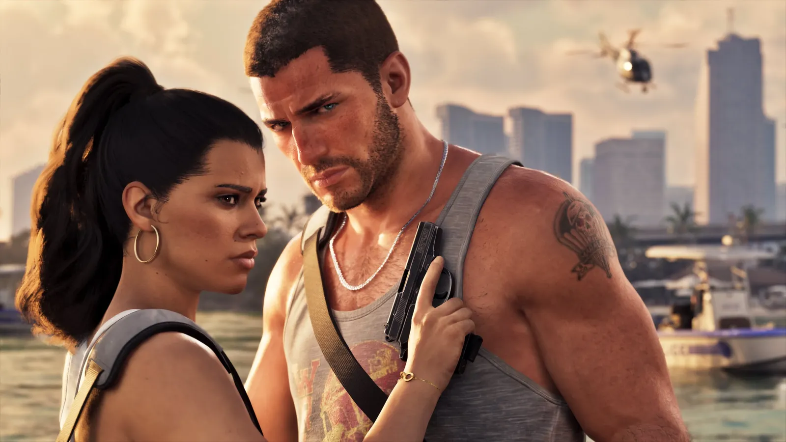 Lucia Caminos and Jason Duval stand together at a marina in an official GTA 6 screenshot.