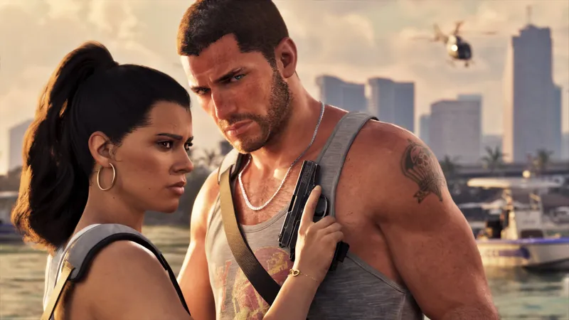 Lucia Caminos and Jason Duval stand together at a marina in an official GTA 6 screenshot.