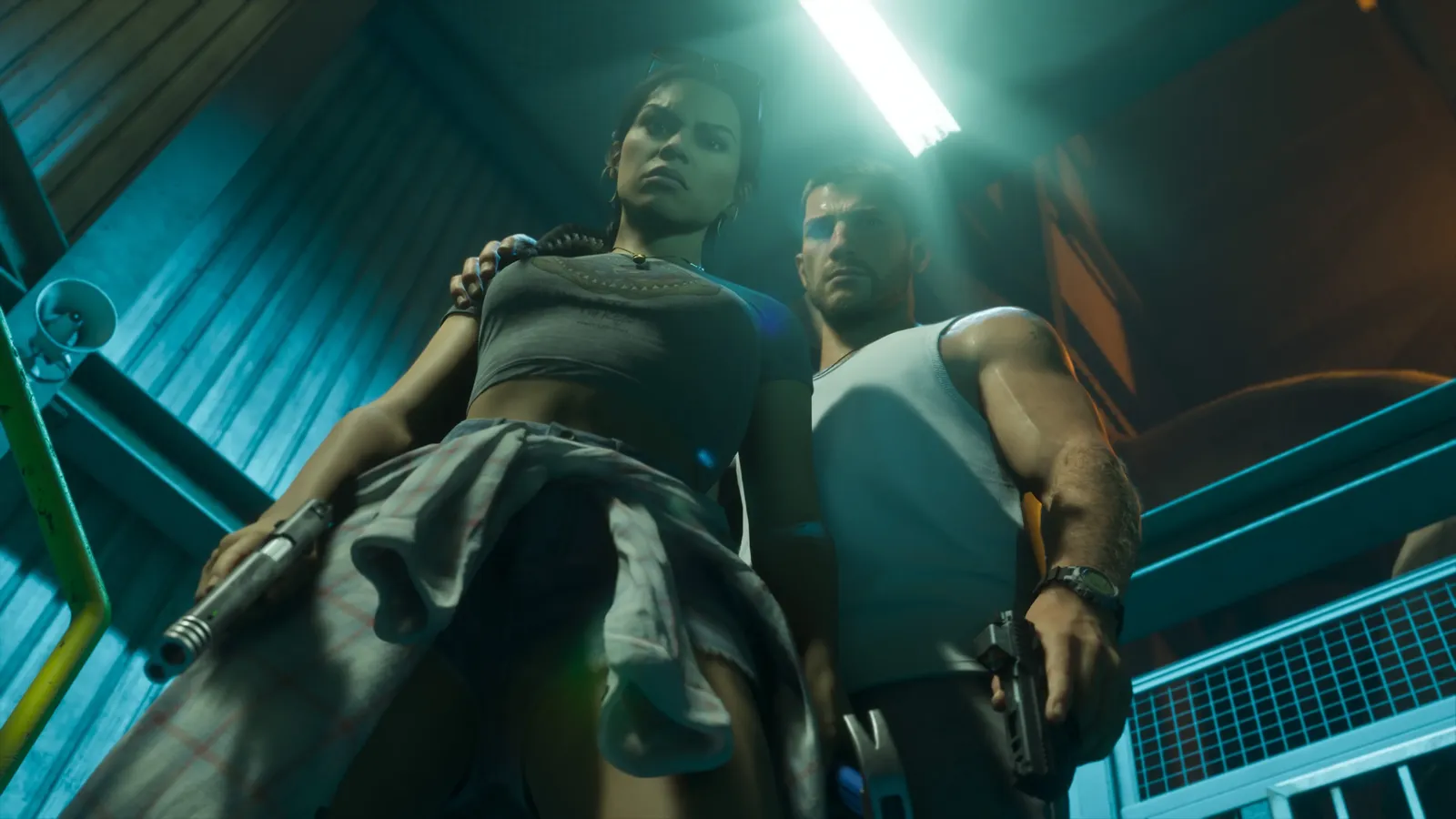 A low-angle view of Lucia and Jason holding handguns beneath a fluorescent light.