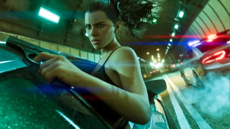 Lucia Caminos leans from a car during a police chase through a tunnel in GTA 6.