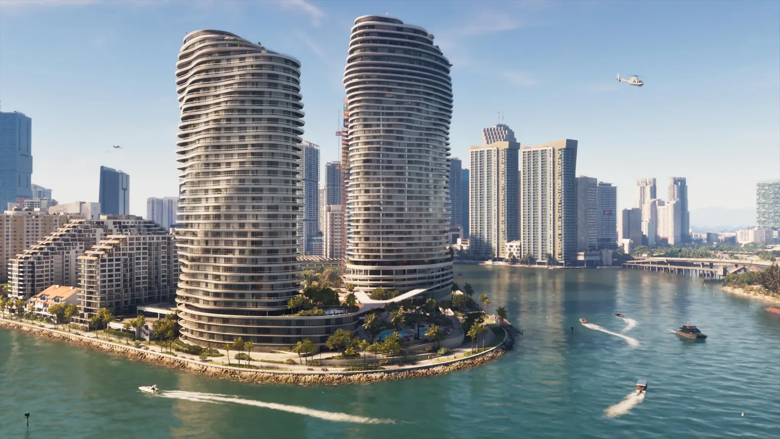 A daytime aerial view of Vice City's waterfront, towers and boats in GTA 6.