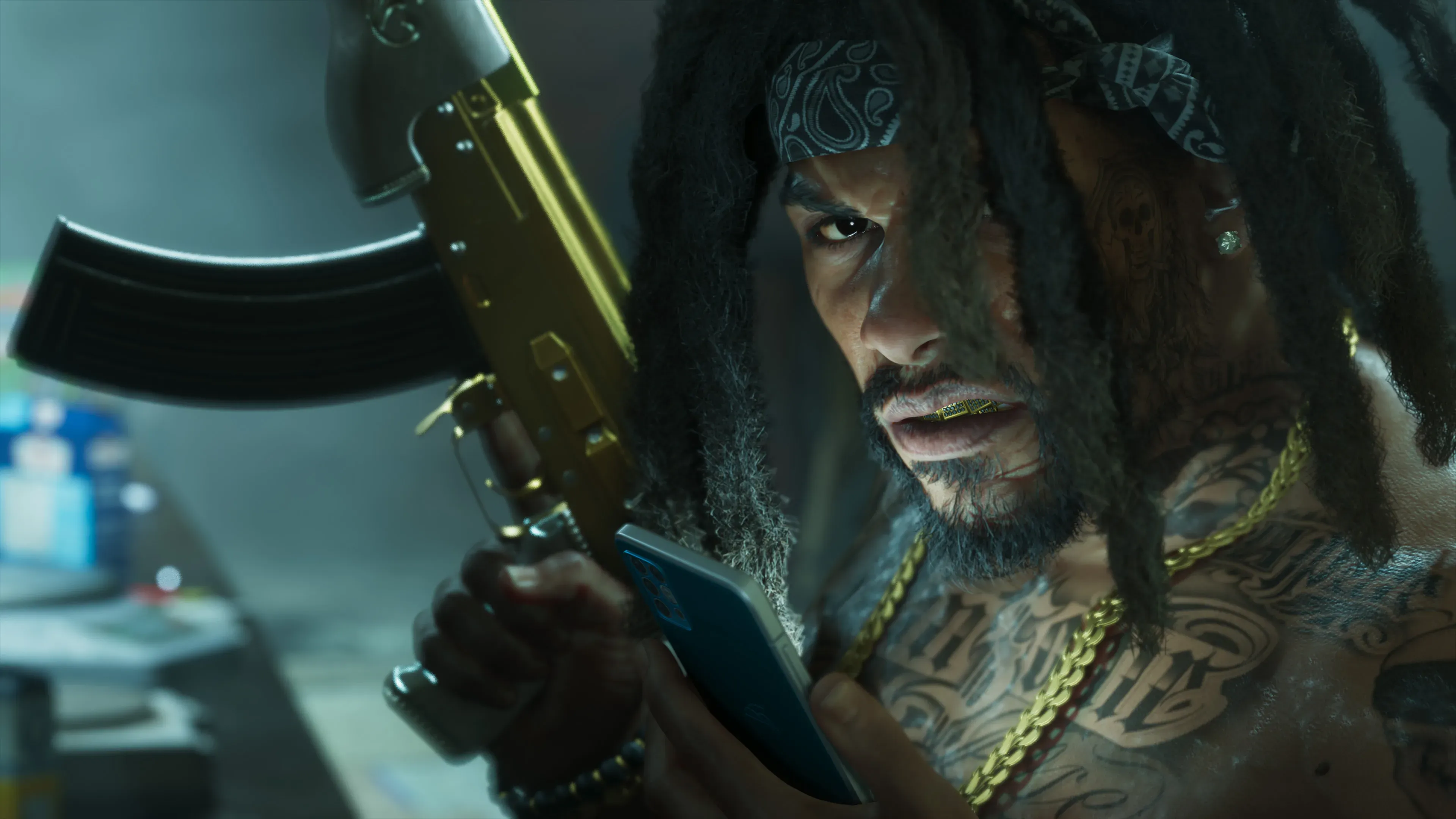 Raymond holding a rifle in an official GTA 6 screenshot.