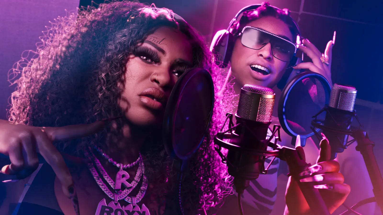 Roxy on the left and Bae-Luxe on the right recording together as Real Dimez.