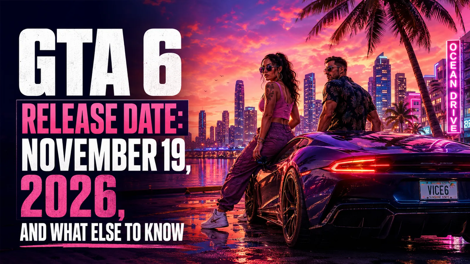 Illustration of Jason and Lucia beside a Vice City street at sunset, with the GTA 6 release date.