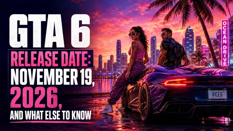 Illustration of Jason and Lucia beside a Vice City street at sunset, with the GTA 6 release date.