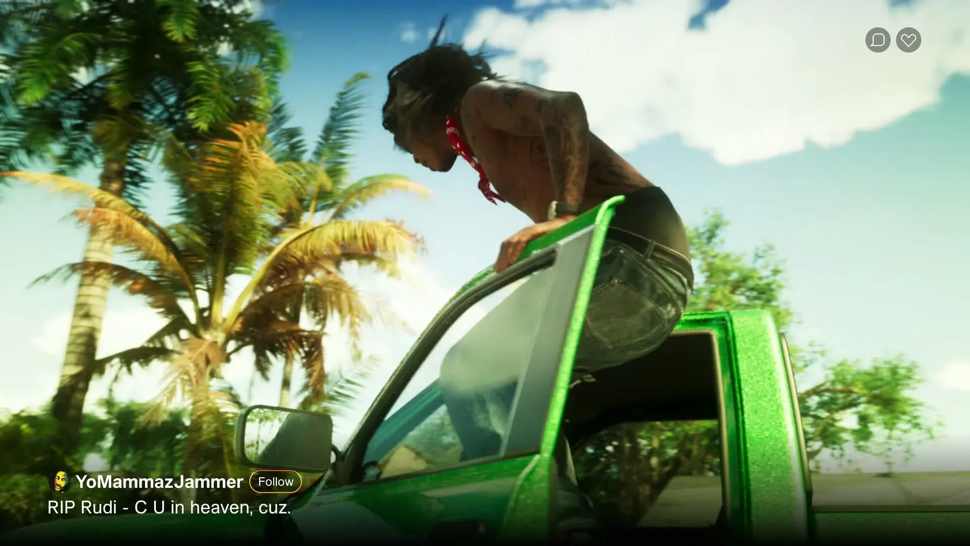 The Trailer 1 social post naming Rudi, with a man leaning out of a green pickup.