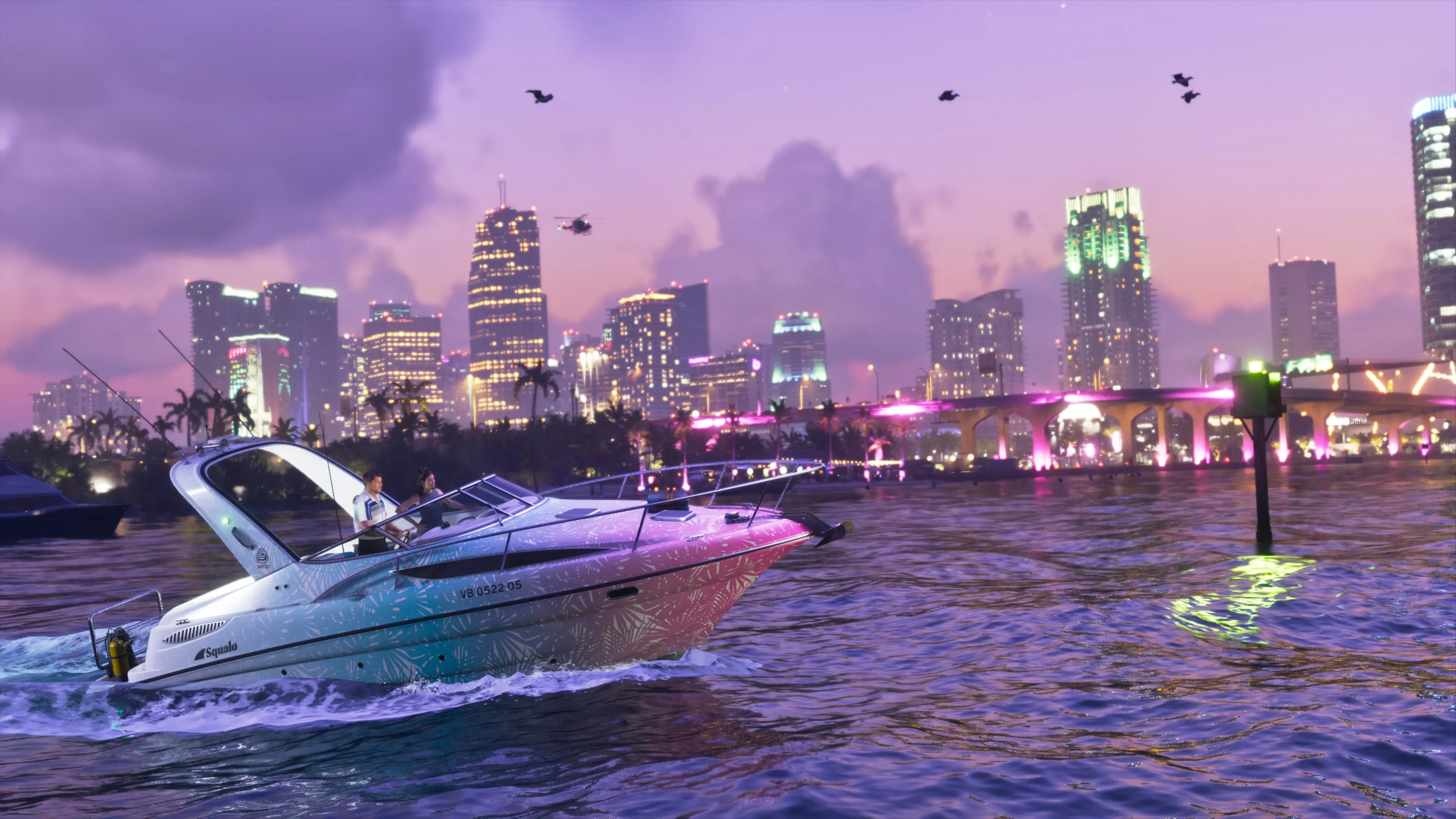 Pink and blue Shitzu Squalo cruising past the Vice City waterfront at dusk in GTA 6.