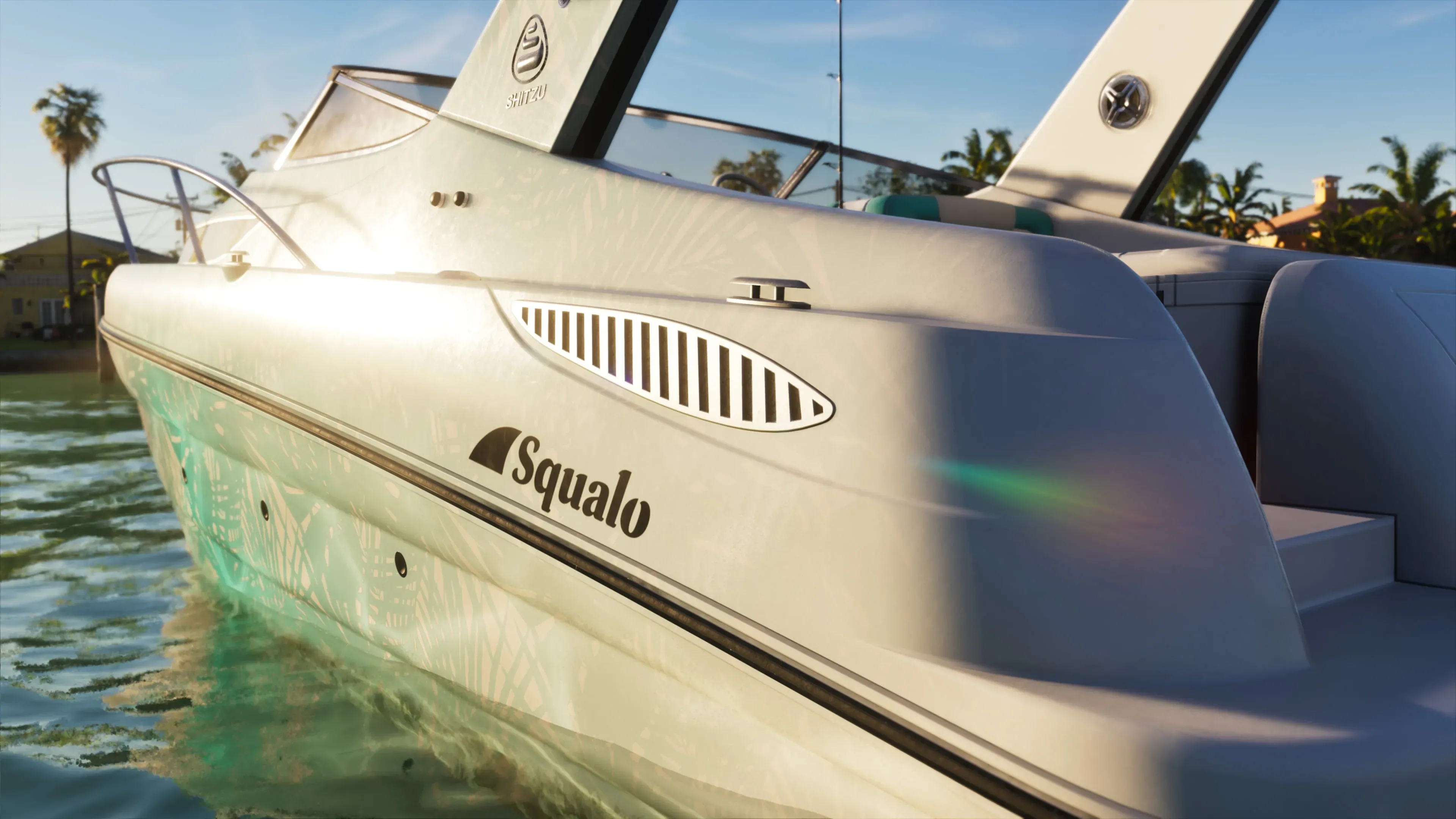 Close view of the Squalo model name, Shitzu badge and rear seating on the GTA 6 boat.