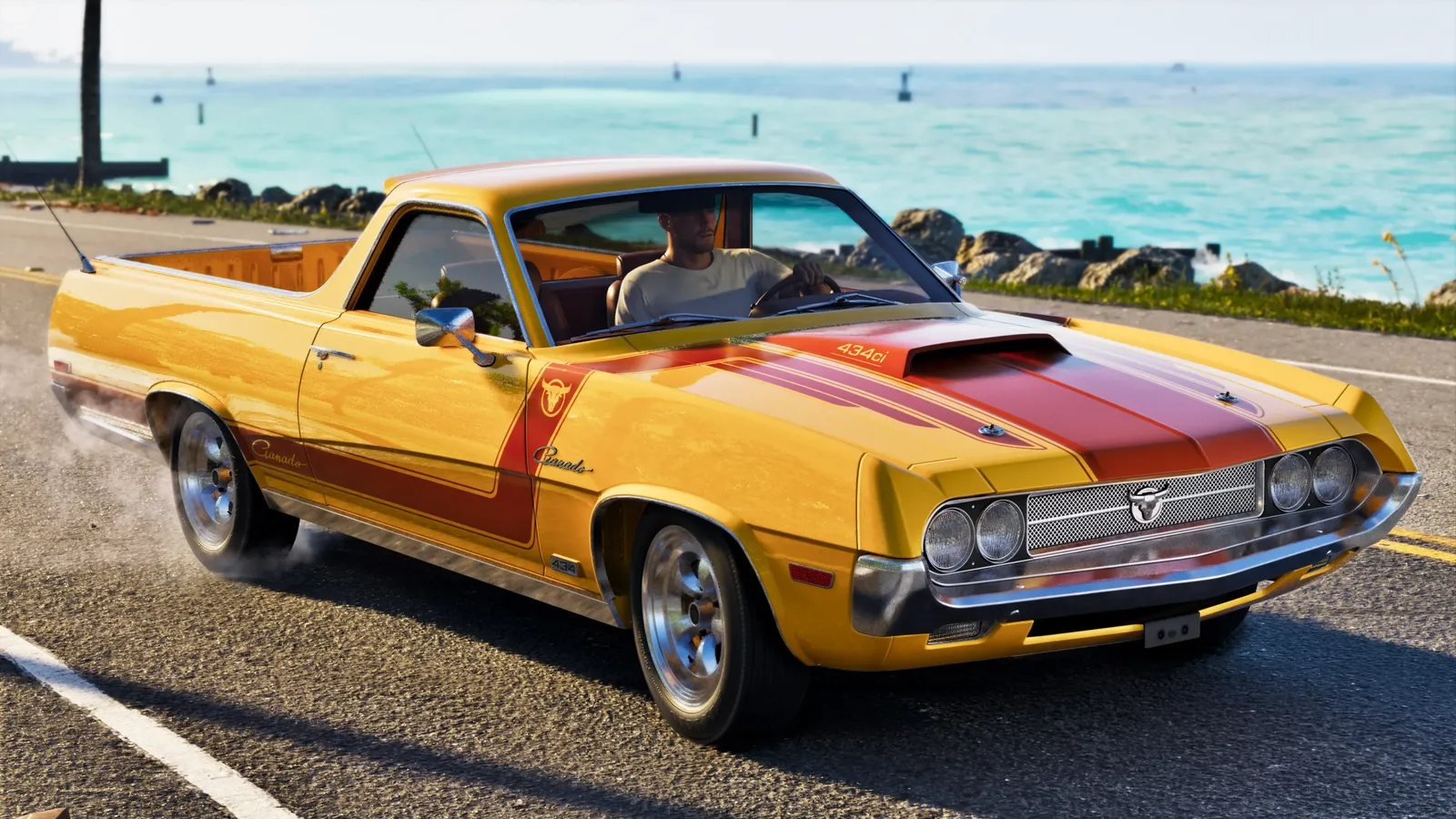 Jason driving a yellow Vapid Ganado pickup with red stripes and a hood scoop beside the ocean.