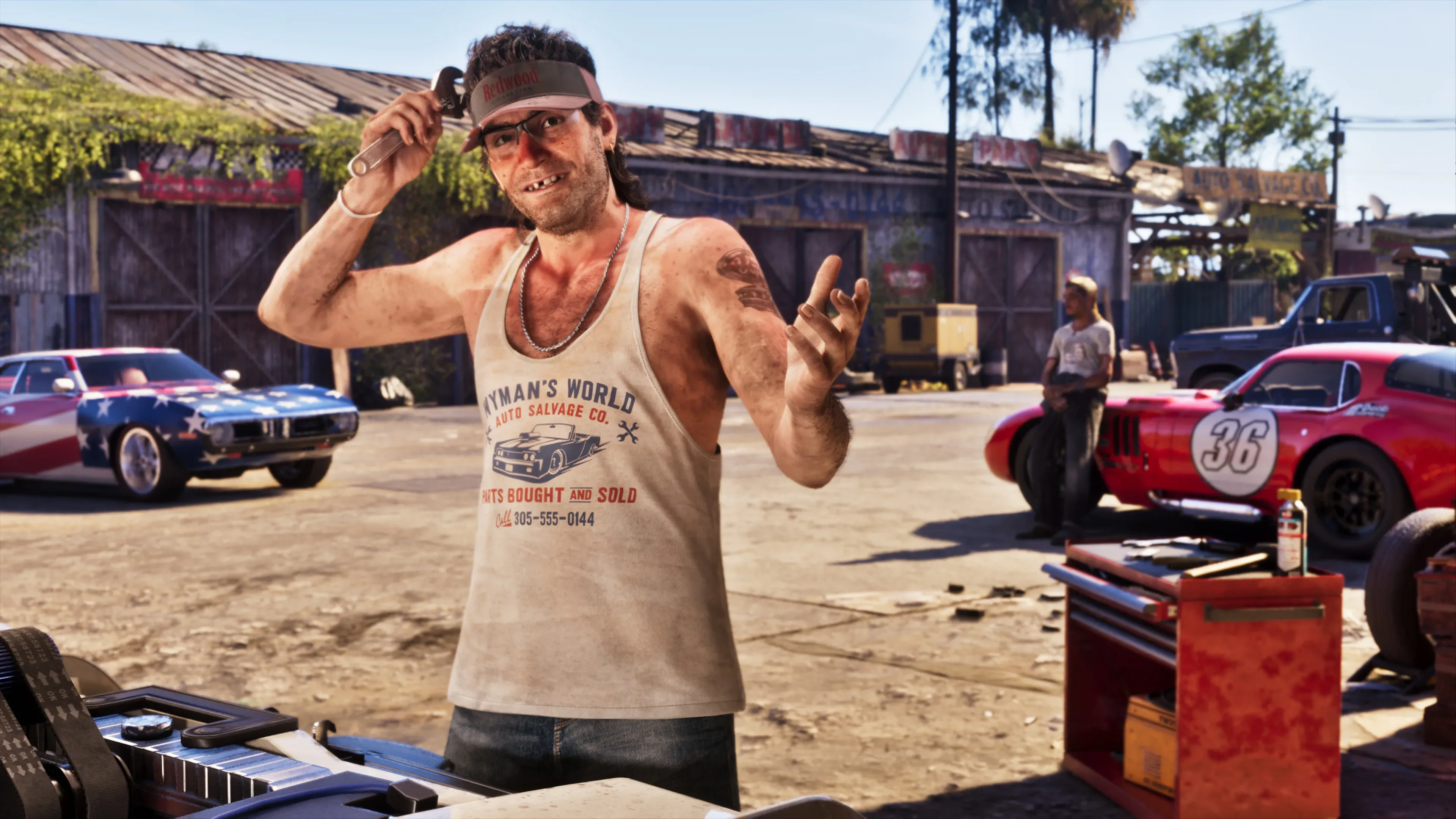 Wyman holding a wrench outside Wyman's World Auto Salvage Co. in GTA 6