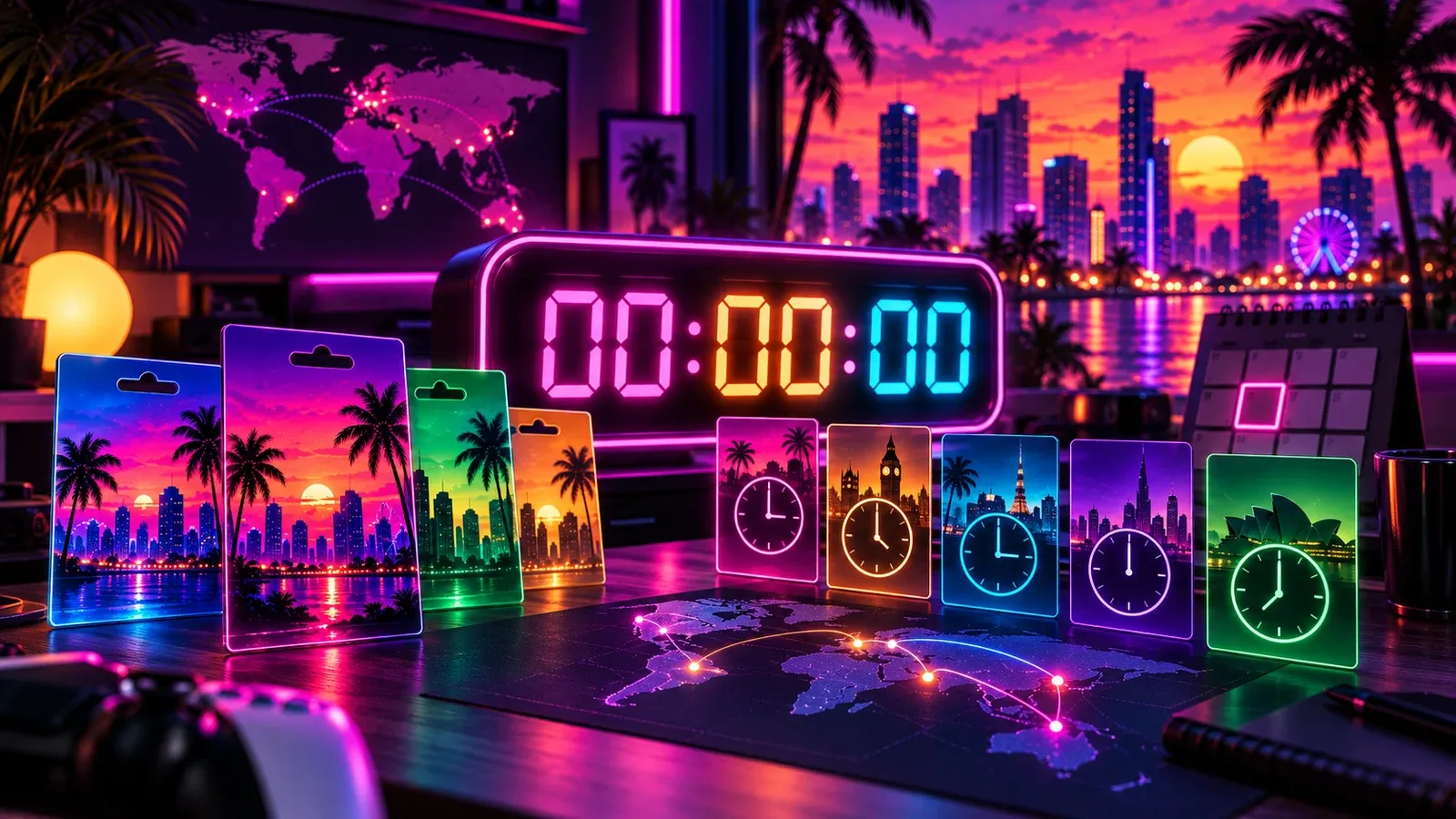 Global GTA 6 preorder launch cards in a neon Vice City style gaming setup