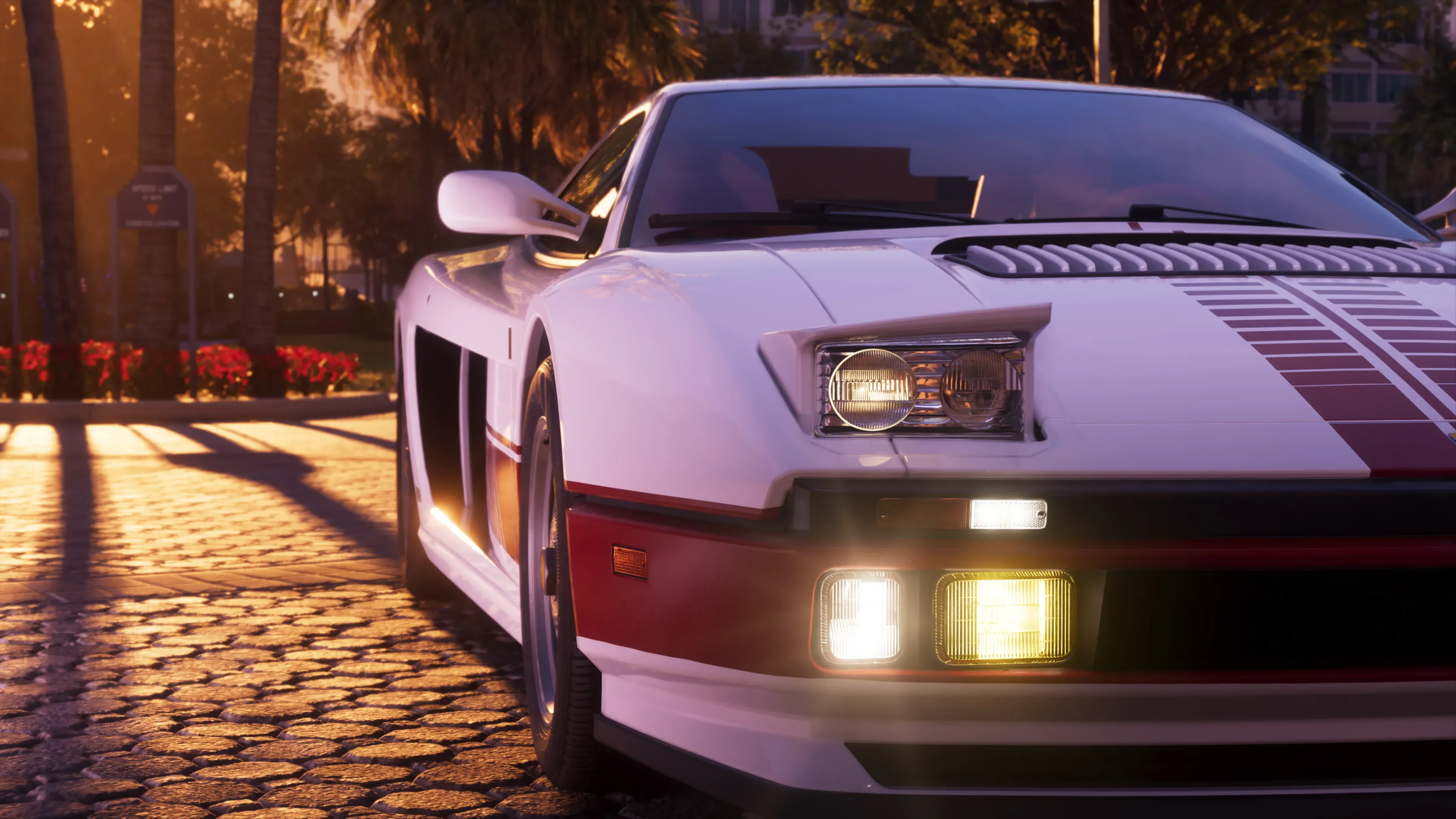 Raised headlights and low front bodywork on the white Grotti Cheetah.