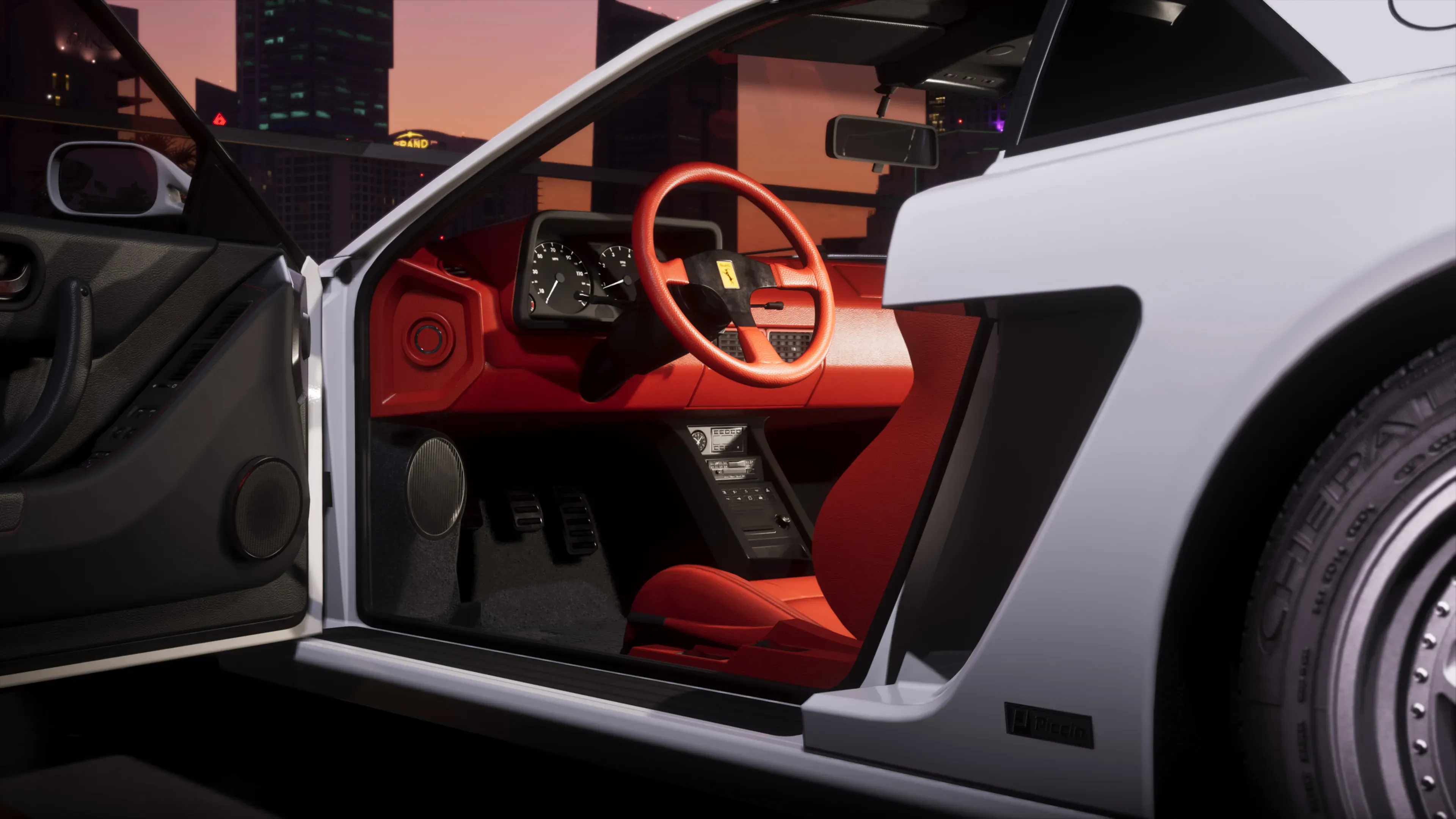 Red Cheetah interior showing the steering wheel and dashboard.