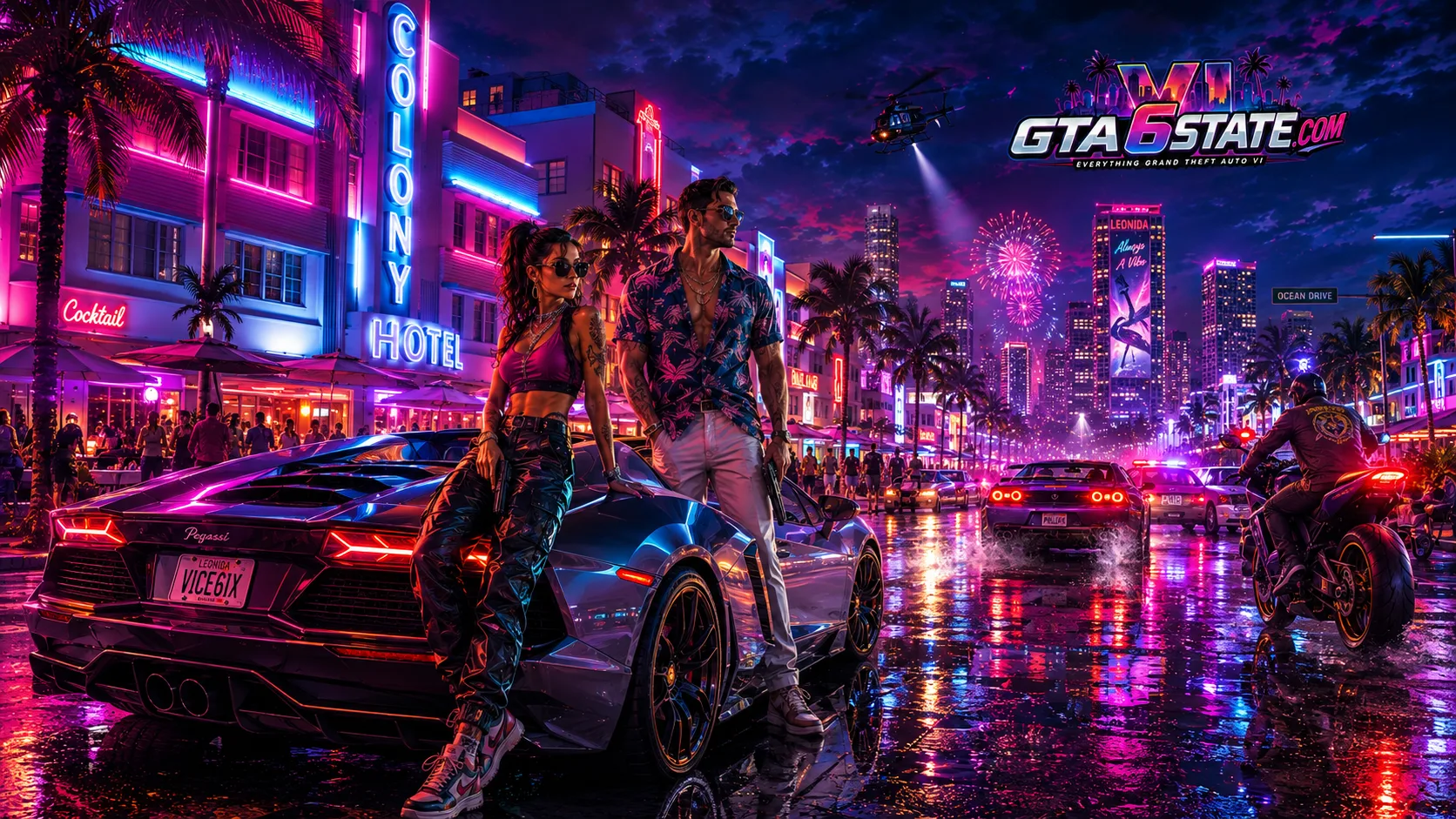 GTA 6 wallpaper: a couple beside a sports car on a neon Ocean Drive-style strip at night, with the Colony Hotel sign and fireworks