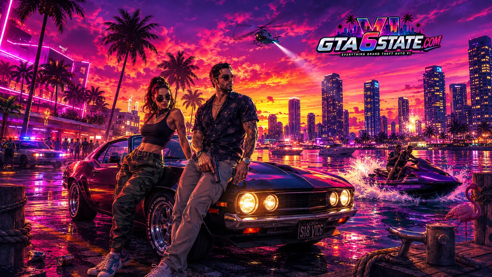GTA 6 wallpaper: a couple by a dark muscle car on a neon-lit Vice City dock at dusk, with a flamingo and a police car in the background