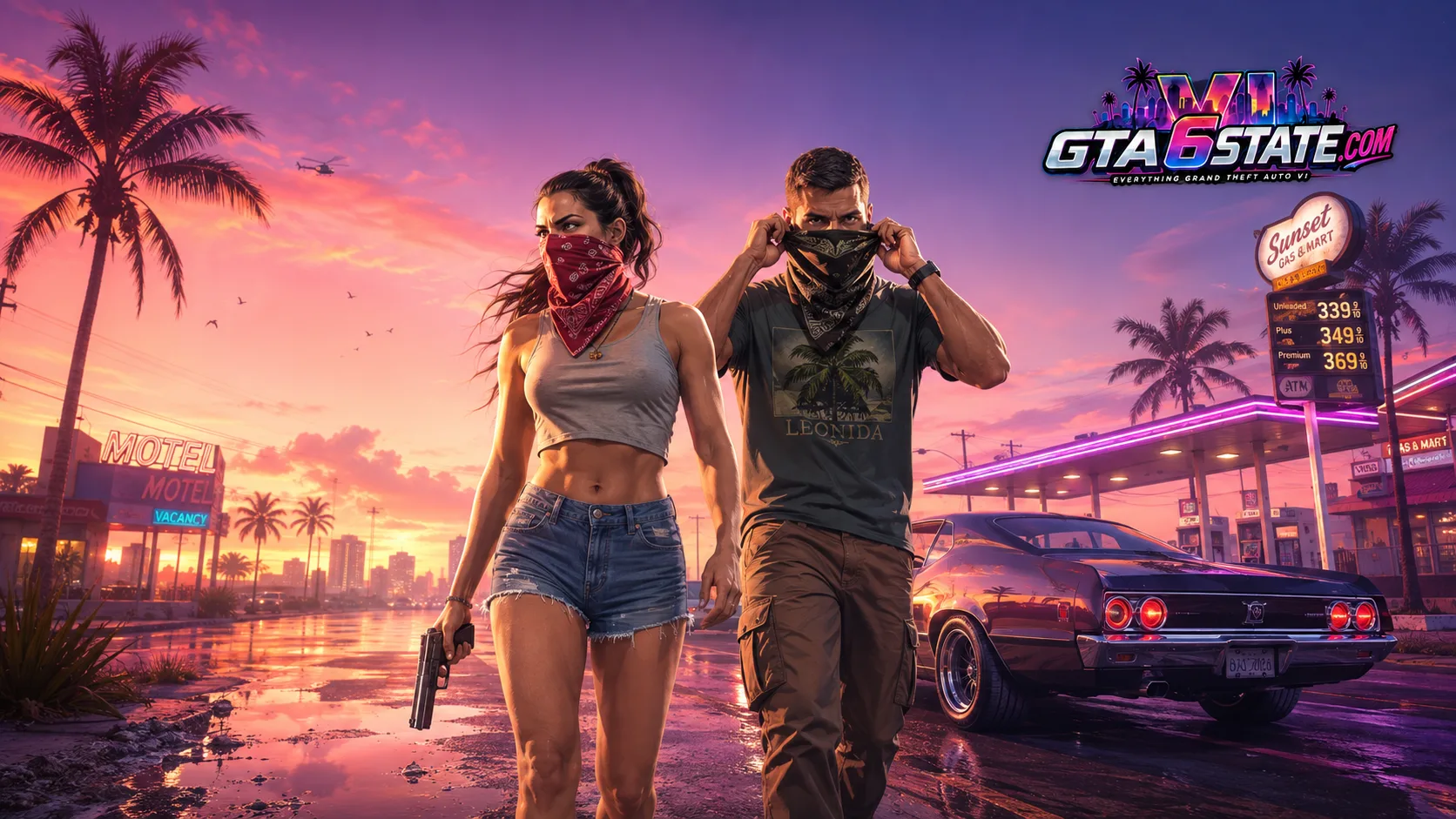 GTA 6 wallpaper: a masked couple walking past a motel and gas station in Vice City at sunset