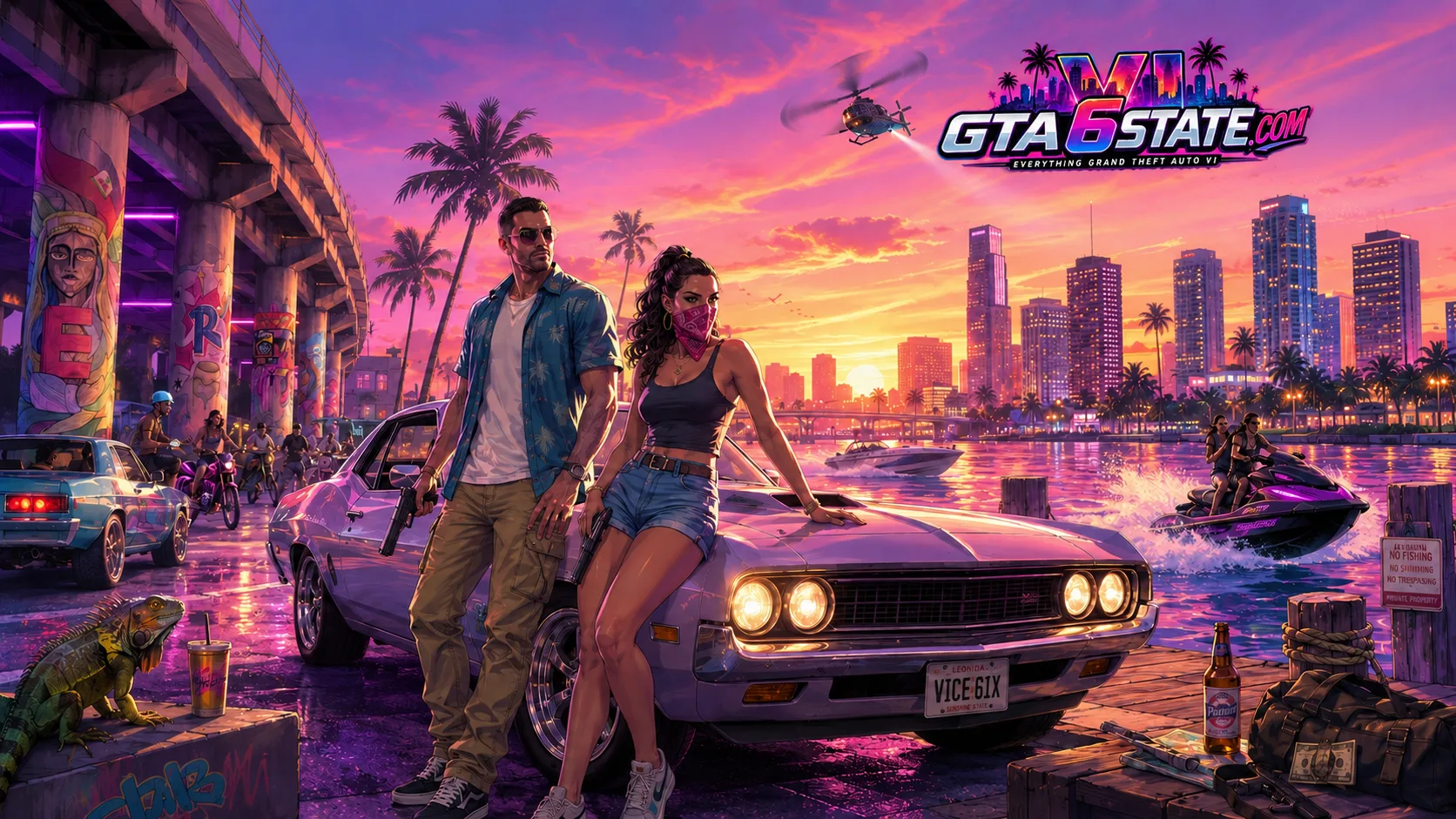 GTA 6 wallpaper: a couple leaning on a classic muscle car at a Vice City marina at sunset, with jet skis and a helicopter overhead