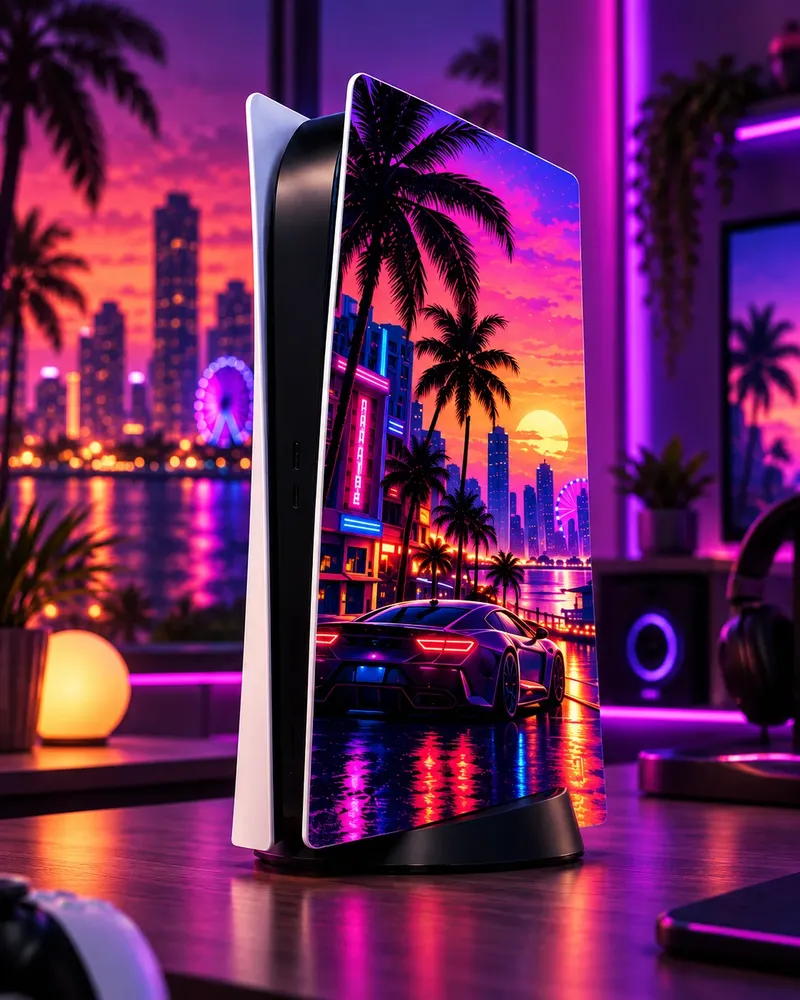 GTA6State Vice Night PS5 console skin standing on a desk
