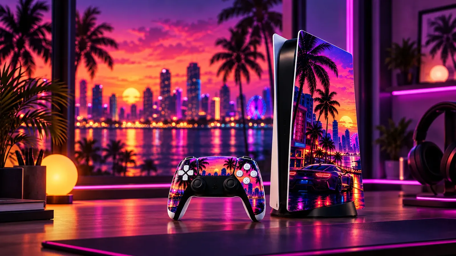 GTA6State Vice Night PS5 and DualSense skin concept in a neon gaming setup