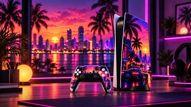 GTA6State Vice Night PS5 and DualSense skin concept in a neon gaming setup