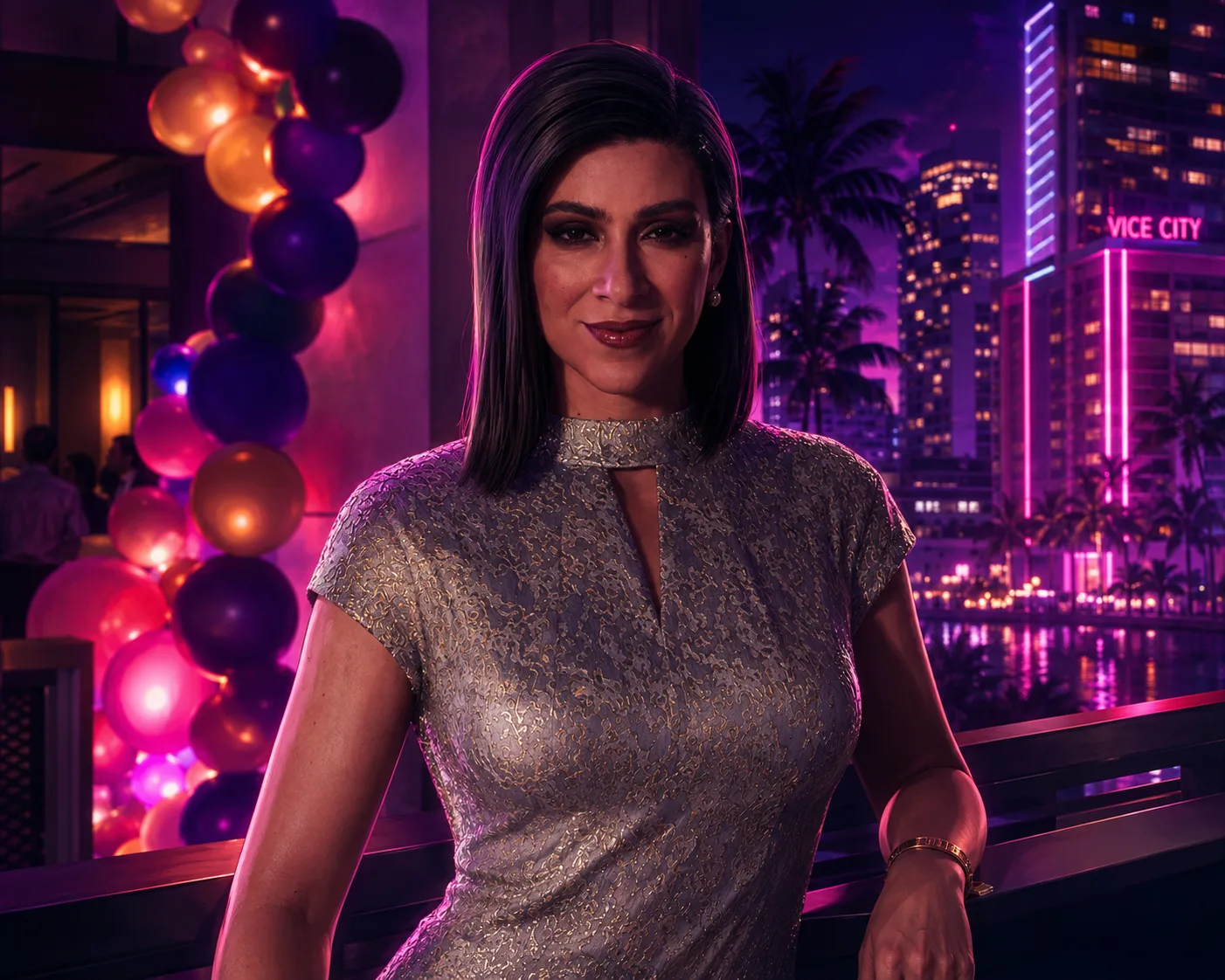 Illustrated Petra Navarro in a silver dress at a rooftop party.